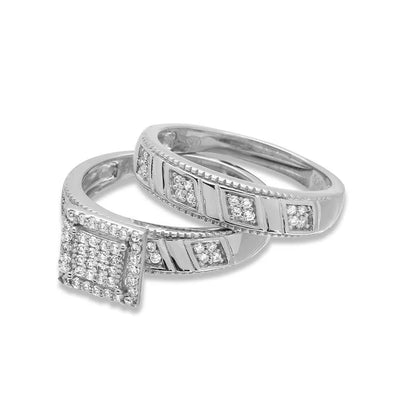 925 Sterling Silver Rhodium Plated Square Pave Center Trio Bridal Ring