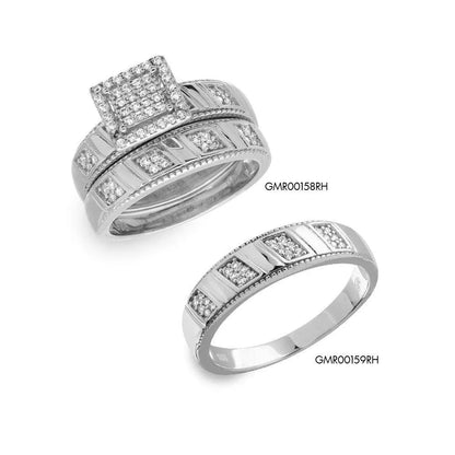 925 Sterling Silver Rhodium Plated Square Pave Center Trio Bridal Ring