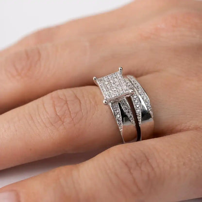 Silver 925 Rhodium Plated Square Pave Center Trio Bridal Ring