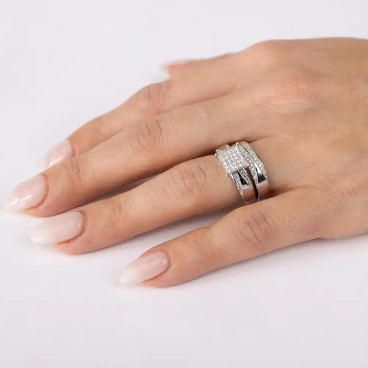Silver 925 Rhodium Plated Square Pave Center Trio Bridal Ring