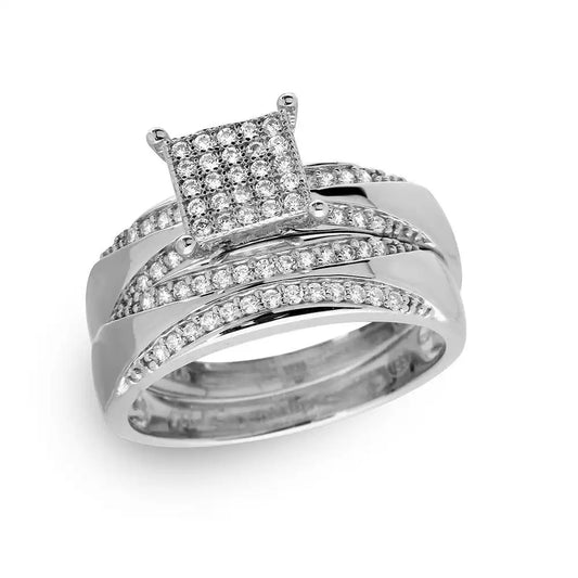 Silver 925 Rhodium Plated Square Pave Center Trio Bridal Ring