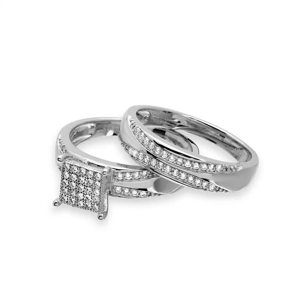 Silver 925 Rhodium Plated Square Pave Center Trio Bridal Ring