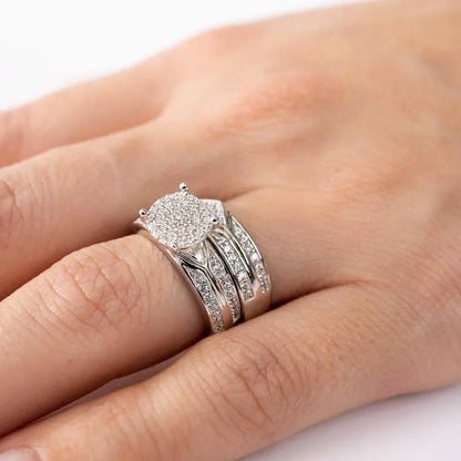 925 Sterling Silver Rhodium Plated Round Pave Center Trio Bridal Ring