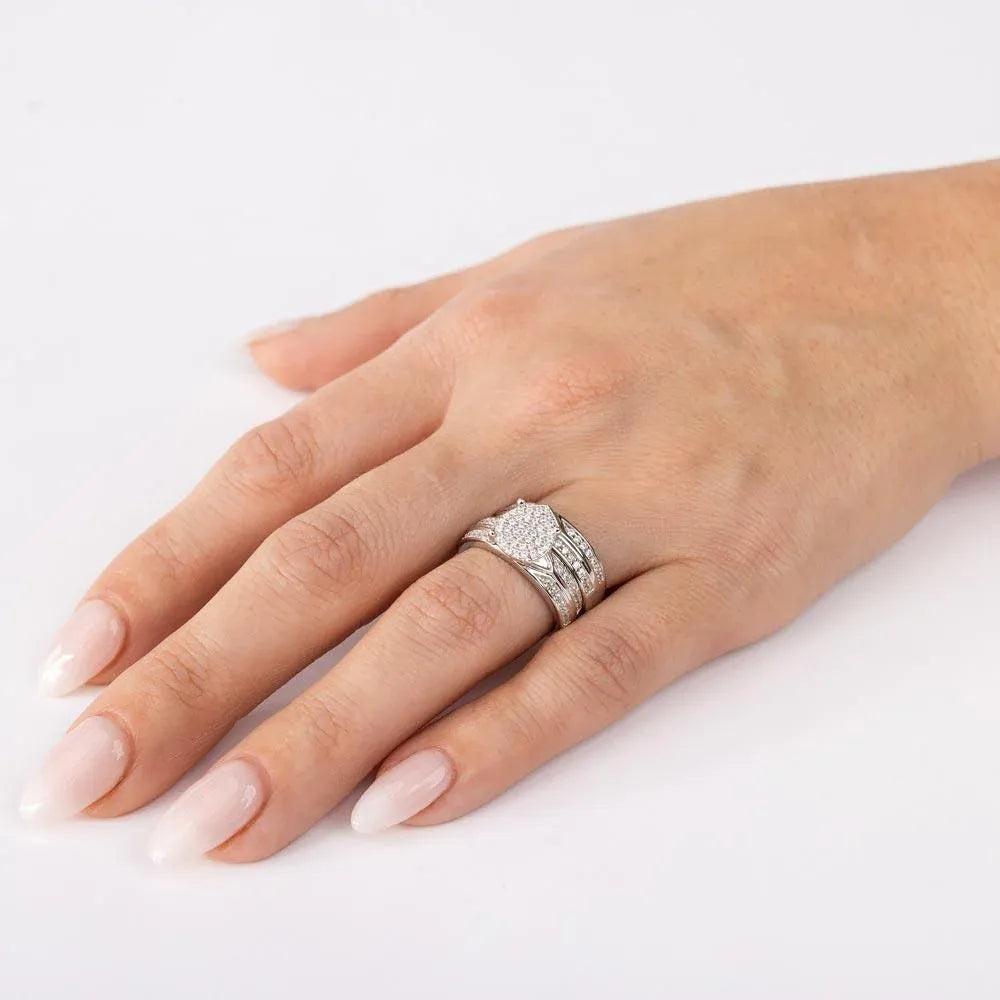 925 Sterling Silver Rhodium Plated Round Pave Center Trio Bridal Ring