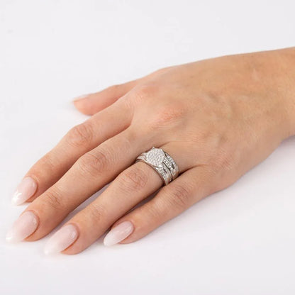 925 Sterling Silver Rhodium Plated Round Pave Center Trio Bridal Ring