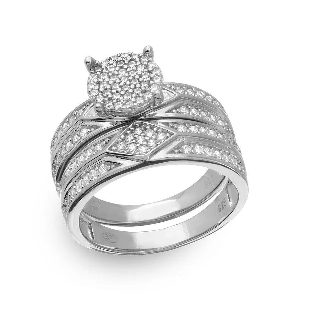 925 Sterling Silver Rhodium Plated Round Pave Center Trio Bridal Ring