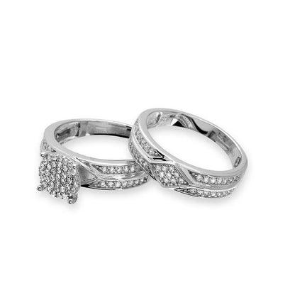 925 Sterling Silver Rhodium Plated Round Pave Center Trio Bridal Ring