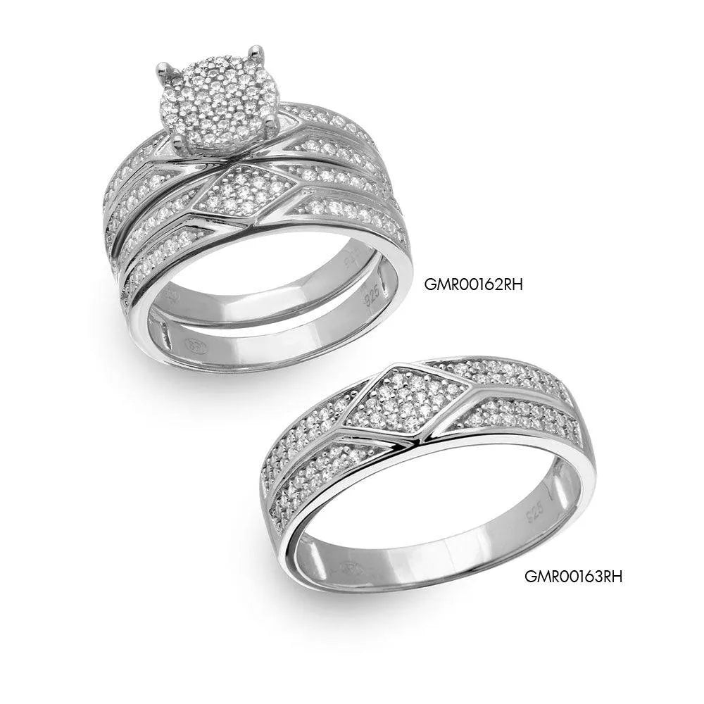 925 Sterling Silver Rhodium Plated Round Pave Center Trio Bridal Ring