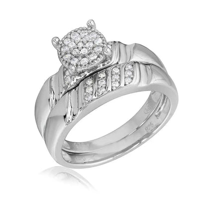 925 Sterling Silver Rhodium Plated Sideway Stone Design Custer CZ Center Wedding Ring
