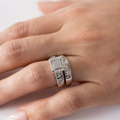 925 Sterling Silver Rhodium Plated CZ Pave Square Center Ring