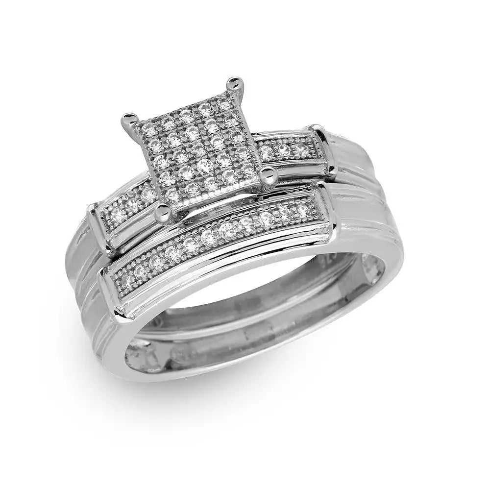 925 Sterling Silver Rhodium Plated CZ Pave Square Center Ring