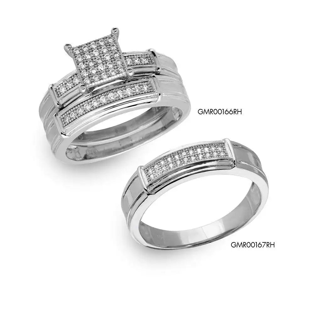 925 Sterling Silver Rhodium Plated CZ Pave Square Center Ring