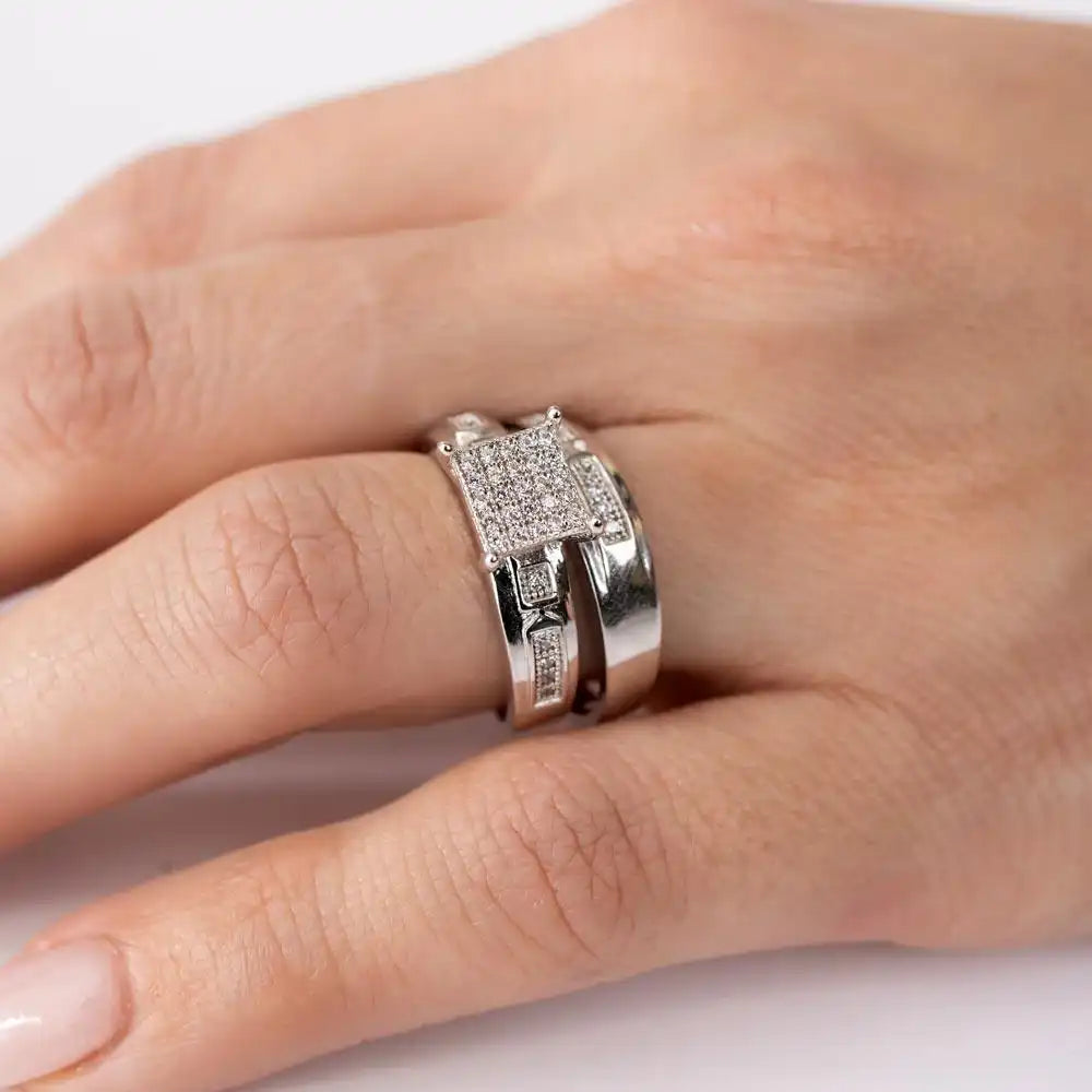925 Sterling Silver Rhodium Plated Square Pave Center Trio Bridal Ring