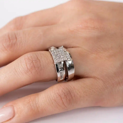 925 Sterling Silver Rhodium Plated Square Pave Center Trio Bridal Ring