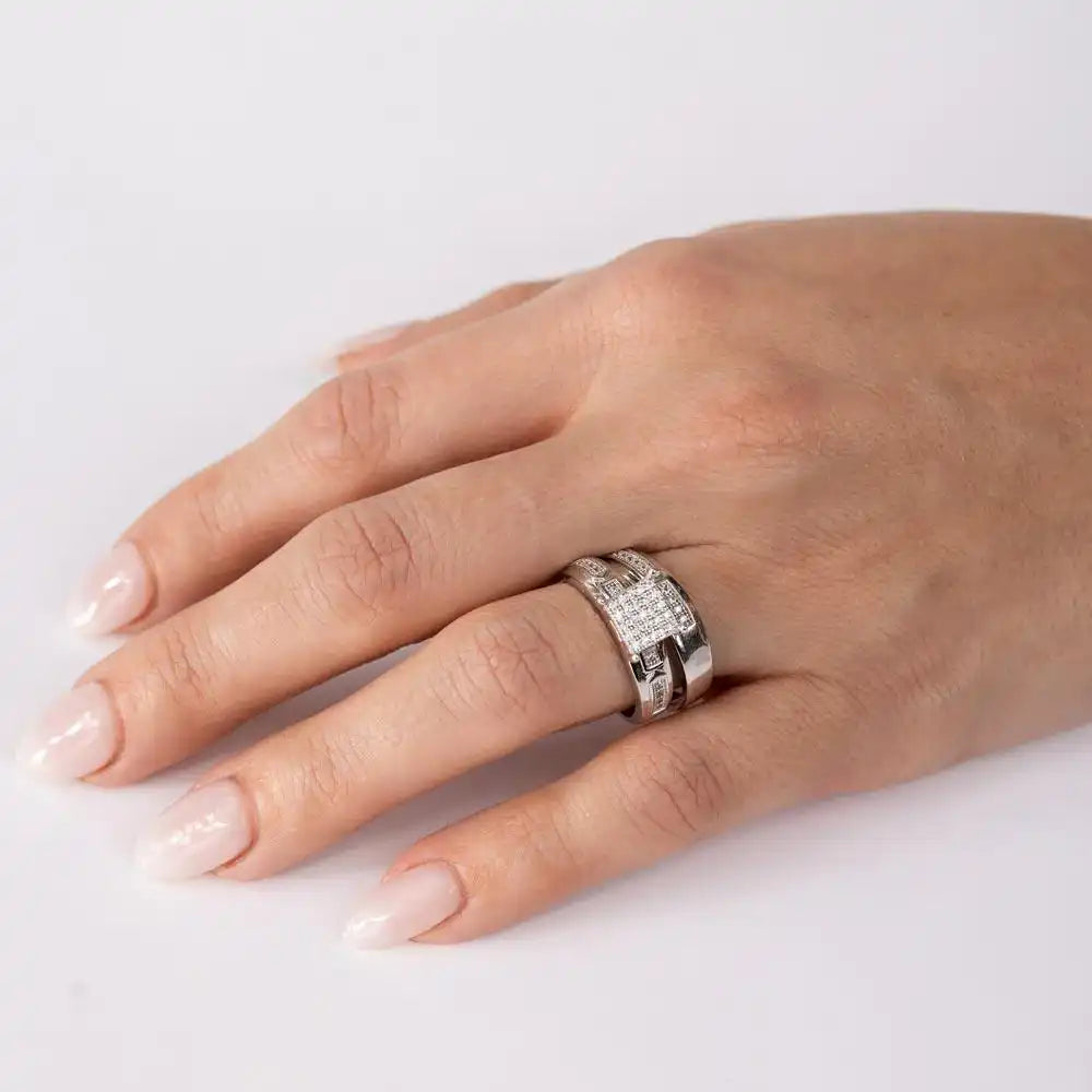 925 Sterling Silver Rhodium Plated Square Pave Center Trio Bridal Ring