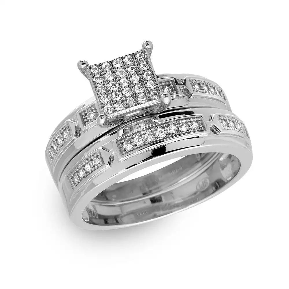 925 Sterling Silver Rhodium Plated Square Pave Center Trio Bridal Ring