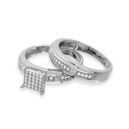 925 Sterling Silver Rhodium Plated Square Pave Center Trio Bridal Ring