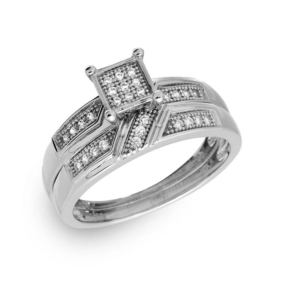 925 Sterling Silver Rhodium Plated Square Pave Center Trio Bridal Ring