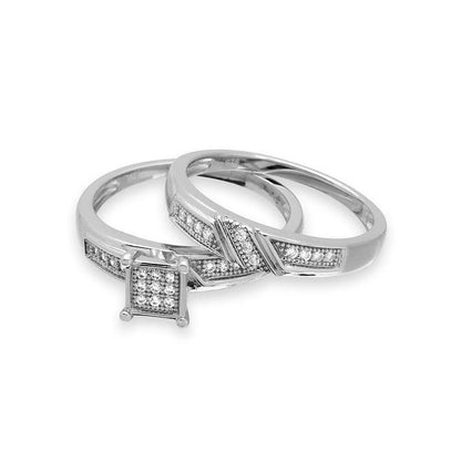 925 Sterling Silver Rhodium Plated Square Pave Center Trio Bridal Ring
