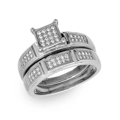 925 Sterling Silver Rhodium Plated Square Pave Center Trio Bridal Ring