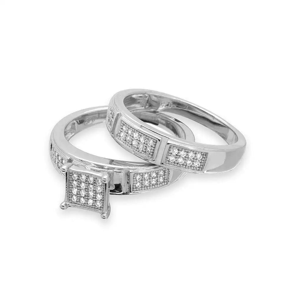 925 Sterling Silver Rhodium Plated Square Pave Center Trio Bridal Ring