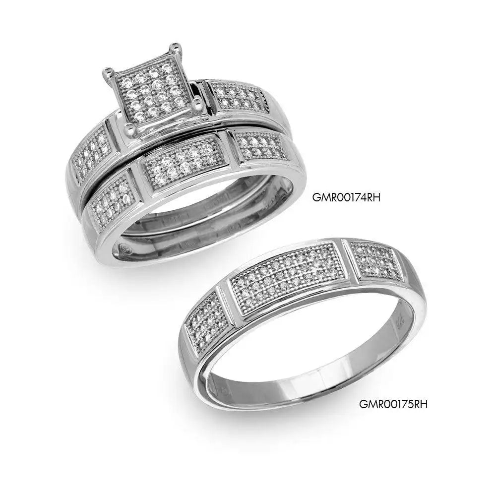 925 Sterling Silver Rhodium Plated Square Pave Center Trio Bridal Ring