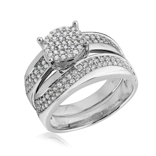 925 Sterling Silver Rhodium Plated Wave CZ Band Round Center Cluster Stones Wedding Ring