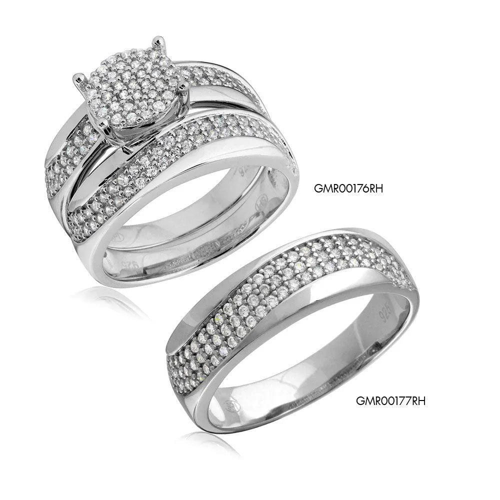 925 Sterling Silver Rhodium Plated Wave CZ Band Round Center Cluster Stones Wedding Ring