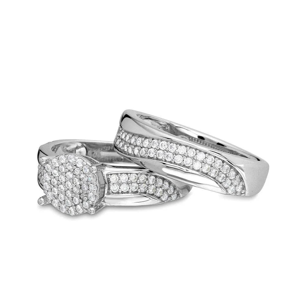925 Sterling Silver Rhodium Plated Wave CZ Band Round Center Cluster Stones Wedding Ring