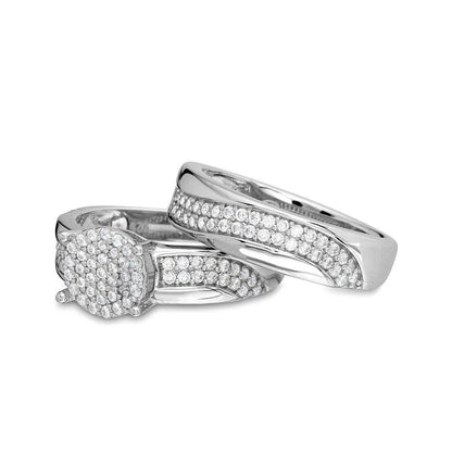 925 Sterling Silver Rhodium Plated Wave CZ Band Round Center Cluster Stones Wedding Ring