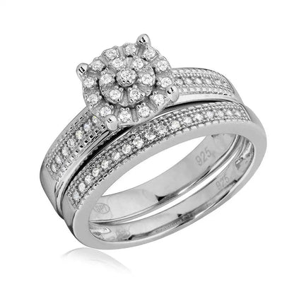 925 Sterling Silver Rhodium Plated Cluster Stones Wedding Ring Set
