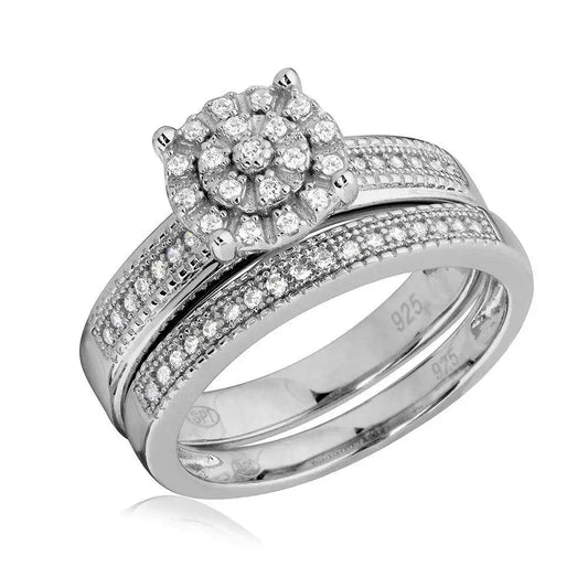 925 Sterling Silver Rhodium Plated Cluster Stones Wedding Ring Set