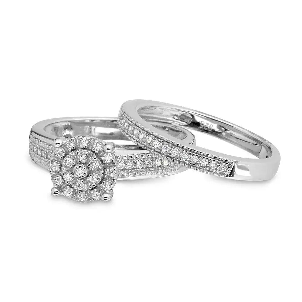 925 Sterling Silver Rhodium Plated Cluster Stones Wedding Ring Set