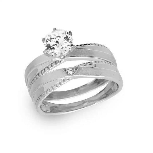 925 Sterling Silver Rhodium Plated Round Solitaire Trio Bridal Ring