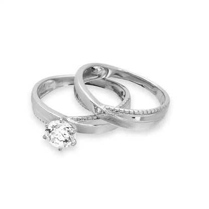 925 Sterling Silver Rhodium Plated Round Solitaire Trio Bridal Ring