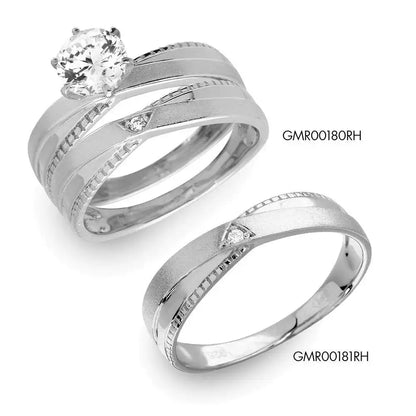 925 Sterling Silver Rhodium Plated Round Solitaire Trio Bridal Ring