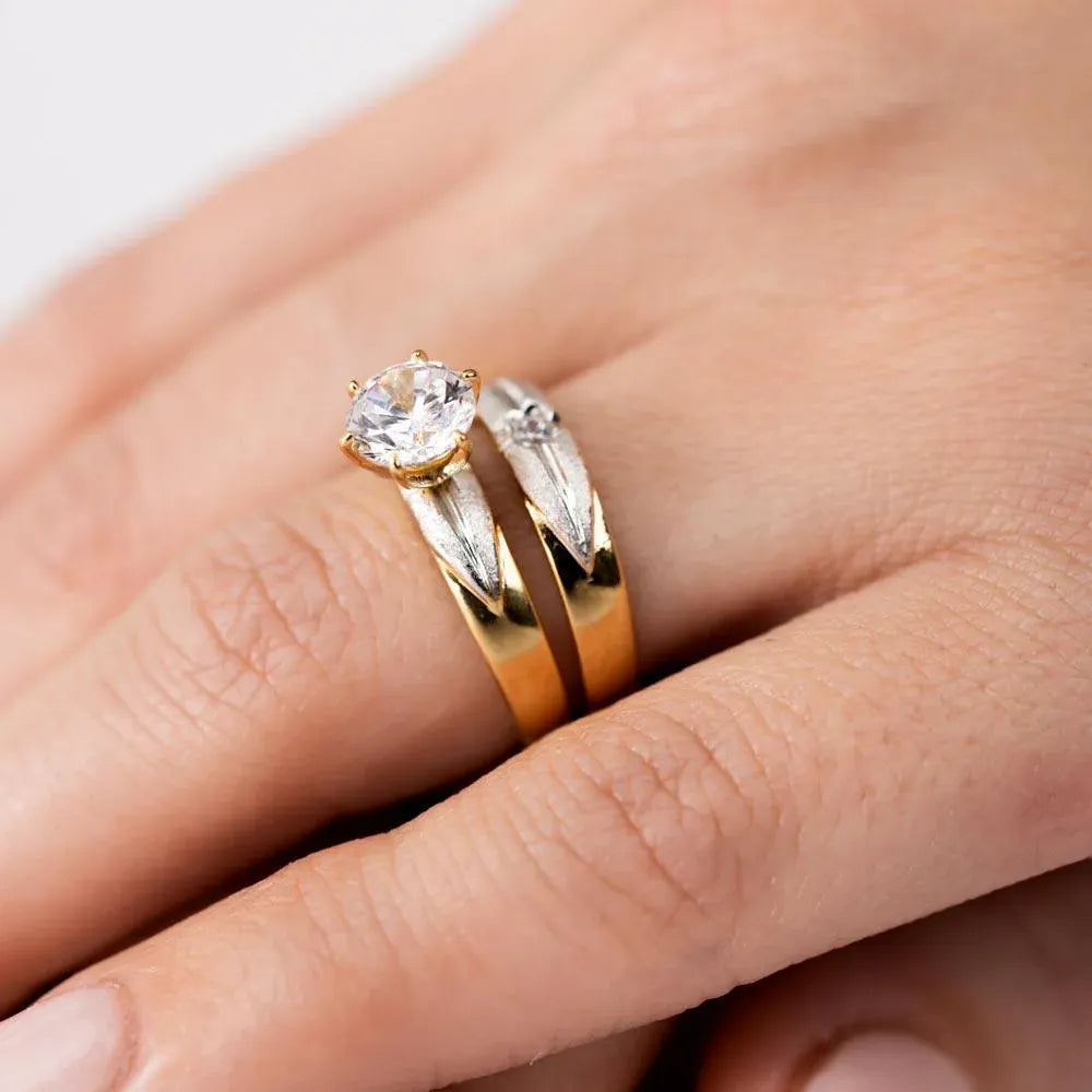 925 Sterling Silver Gold Plated with Matte Rhodium Finish Two Piece Bridal Ring