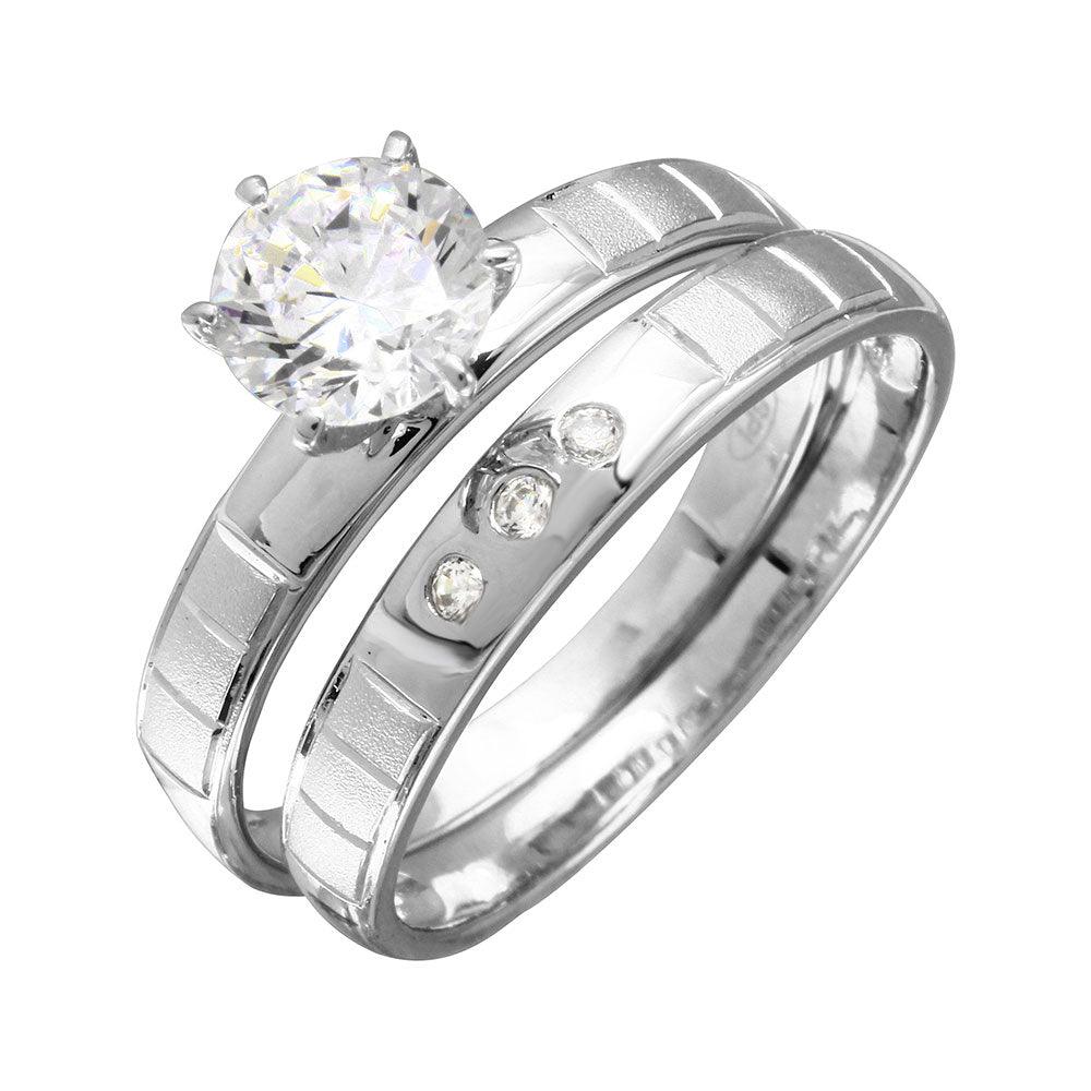 925 Sterling Silver Rhodium Plated Moissanite or CZ Line Shank Design Bridal Trios Ring