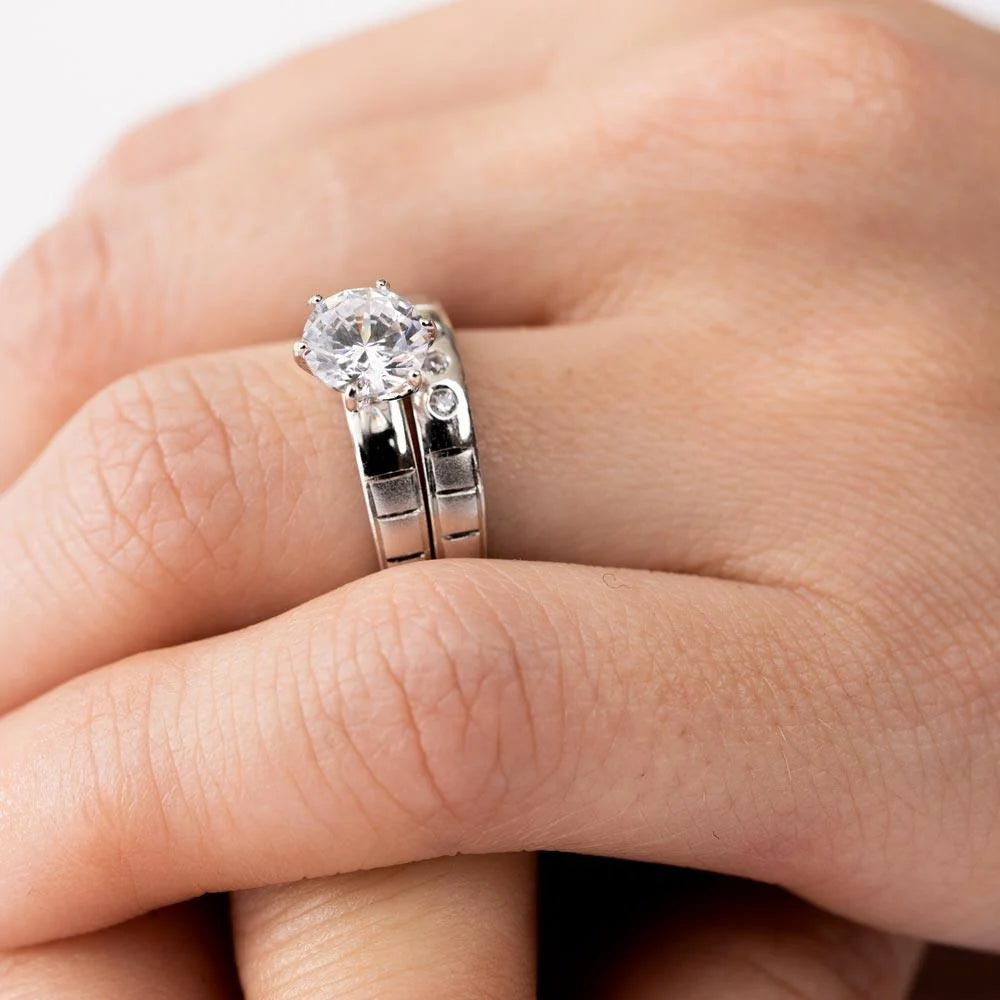 925 Sterling Silver Rhodium Plated Moissanite or CZ Line Shank Design Bridal Trios Ring