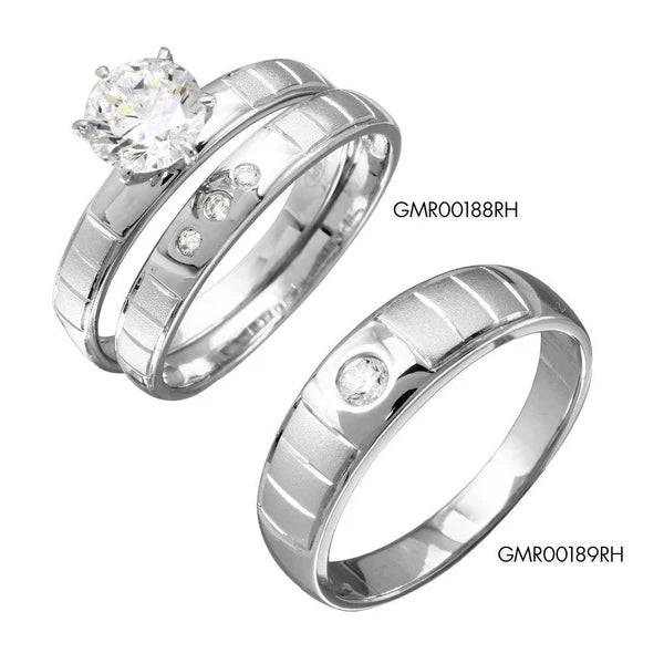 925 Sterling Silver Rhodium Plated Line Shank Design Bridal Trios Ring