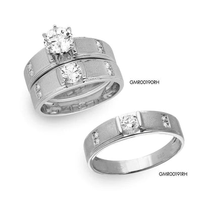 925 Sterling Silver Rhodium Plated with Matte Finish Round Center Trio Bridal Ring