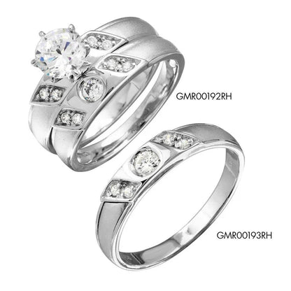 925 Sterling Silver Rhodium Plated Slash CZ Trios Bridal CZ Ring