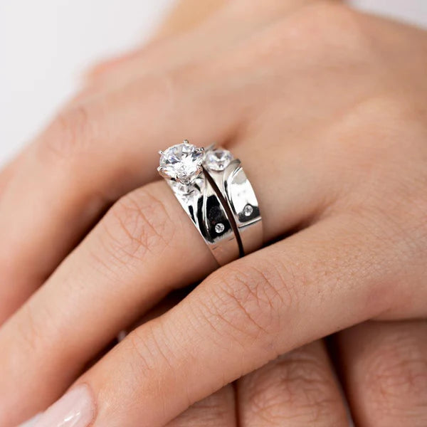 925 Sterling Silver Rhodium Plated Sideways Design Matte Finish Trio Ring
