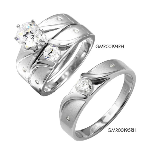 925 Sterling Silver Rhodium Plated Sideways Design Matte Finish Trio Ring