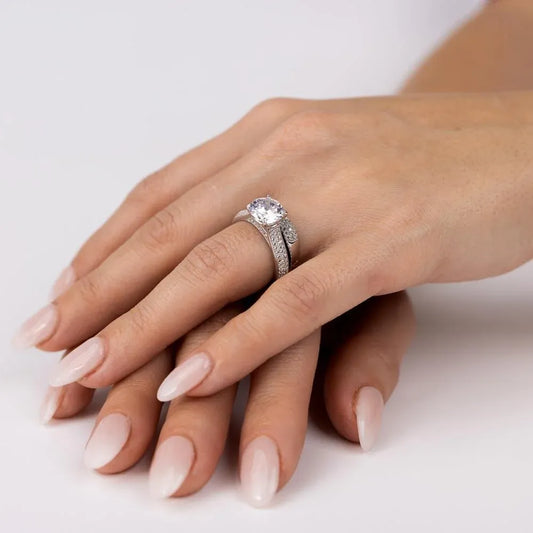 925 Sterling Silver Rhodium Plated Micro Pave Shank Bridal Single Center Stone Ring