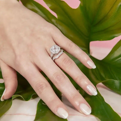 925 Sterling Silver Rhodium Plated 2pcs CZ Square Center Bridal Ring