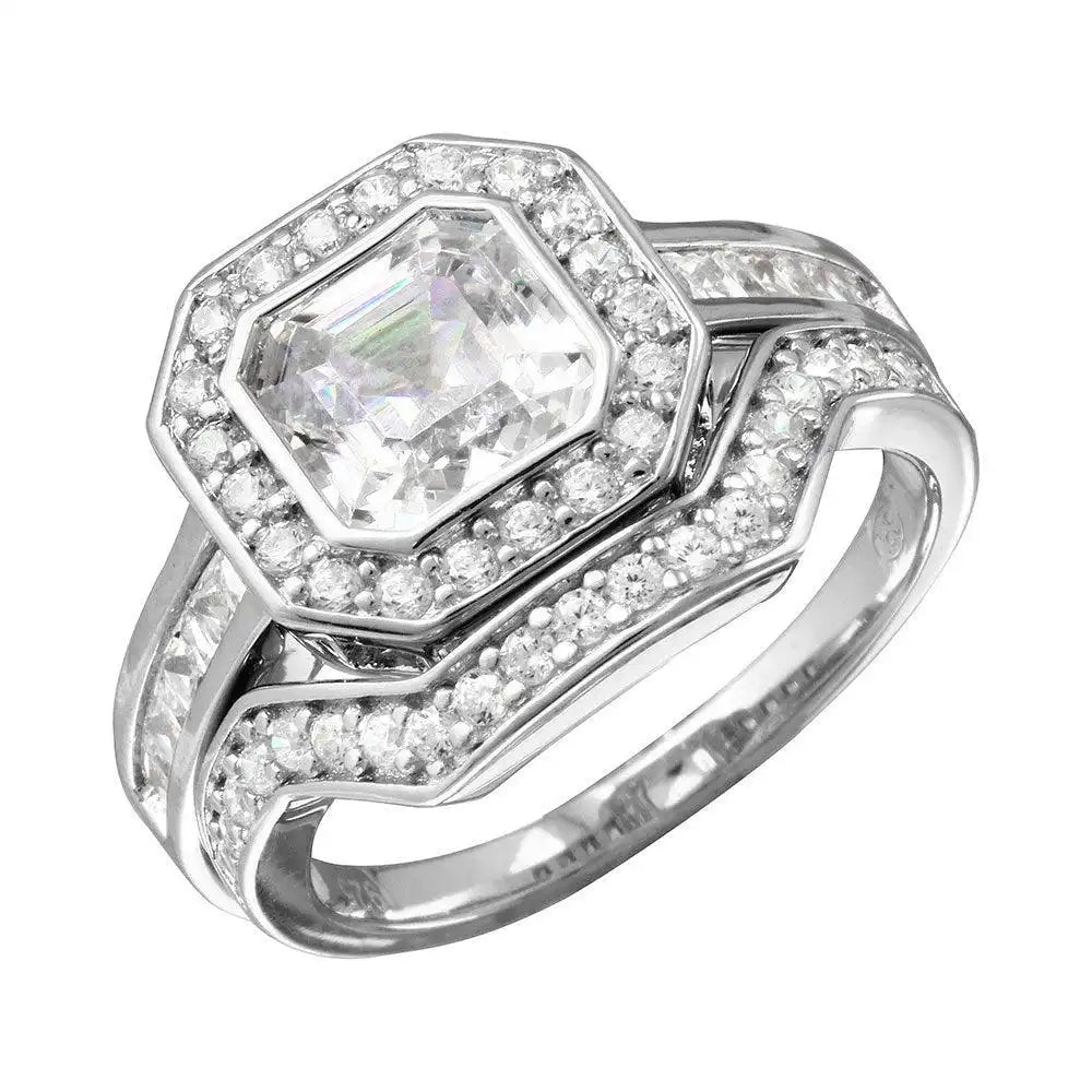 925 Sterling Silver Rhodium Plated 2pcs CZ Square Center Bridal Ring