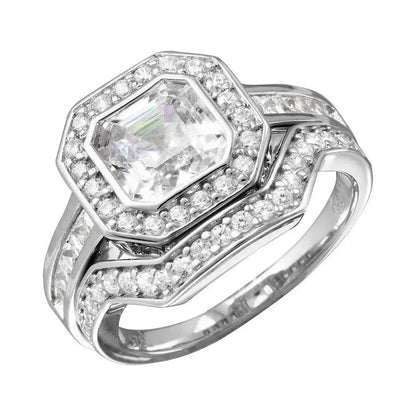 925 Sterling Silver Rhodium Plated 2pcs CZ Square Center Bridal Ring
