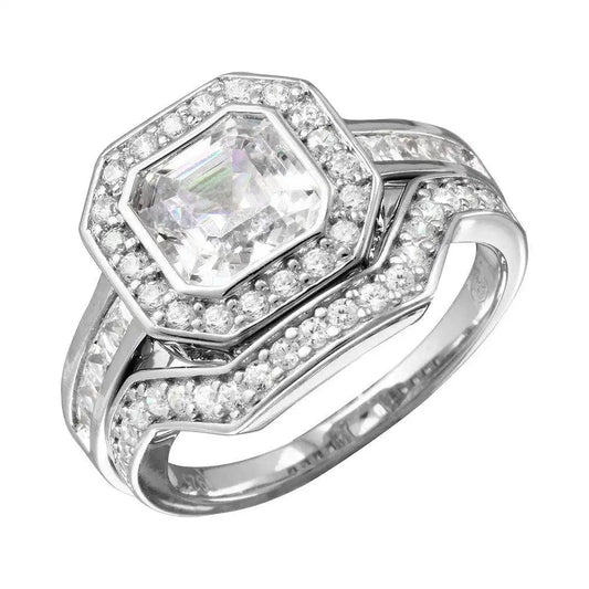925 Sterling Silver Rhodium Plated 2pcs CZ Square Center Bridal Ring