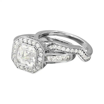 925 Sterling Silver Rhodium Plated 2pcs CZ Square Center Bridal Ring